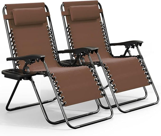 Nestl Zero Gravity Chairs Set of 2, Patio Lounge Chair Outdoor with Pillows & Cup Holder Trays, Adjustable Steel Mesh Reclining Camping Chair, Folding Patio Lawn Chair for Deck, Beach, Yard - Brown