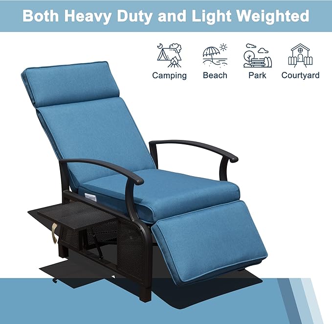 Domi Adjustable Patio Recliner Chair Metal Outdoor Lounge Chair with Flip Table Push Back, Adjustable Angle, Removable Cushions, Support 350lbs, Navy Blue