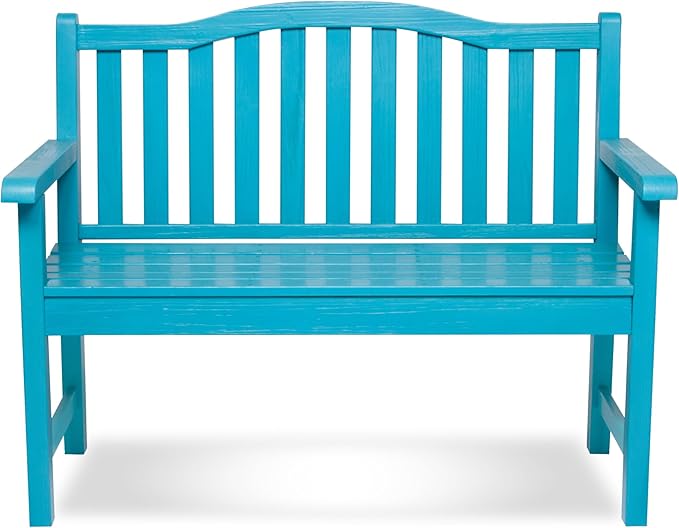 Shine Company Belfort Outdoor Solid Wood Patio Garden Bench, Ergonomic Seat, 22" D x 44.75" W x 36" H, Aqua