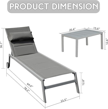 Domi Outdoor Patio Chaise Lounge Set of 3, Aluminum Pool Lounge Chairs with Side Table and Wheels, Textilene Padded Adjustable Recliner All Weather for Poolside, Beach, Yard, Balcony (Gray)