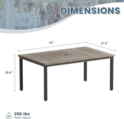 DIFY 63" Rectangle Outdoor Dining Table for 6, Slatted Metal Patio Table with Adjustable Umbrella Hole, All-Weather Patio Dining Table for Garden Backyard Deck, Grey Wood-Like Tabletop