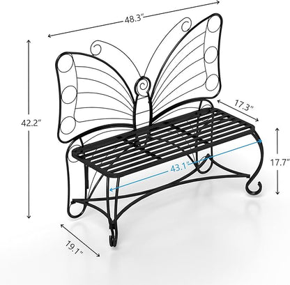 Black Butterfly Garden Bench with Backrest, Outdoor Metal Bench for Front Porch, Patio, Park, Outside, 2 Seat, All Weather (Black, 48")