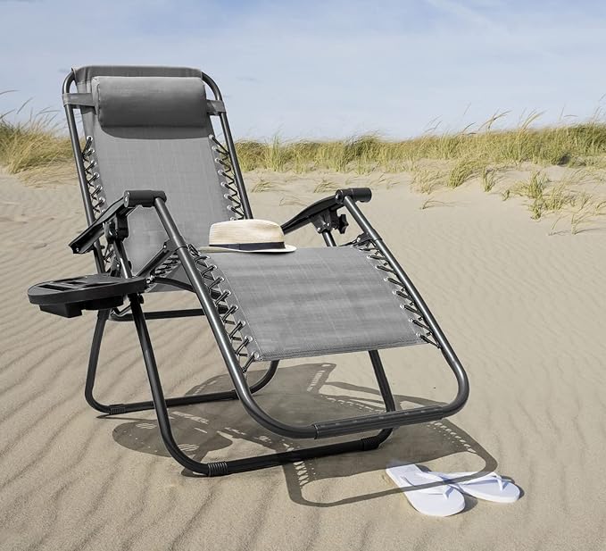 Kemon Zero Gravity Folding Lounge Outdoor Patio Adjustable Reclining Chair with Pillows and Cup Holders for Beach Set of 2, Double Grey, KM-CDGVC