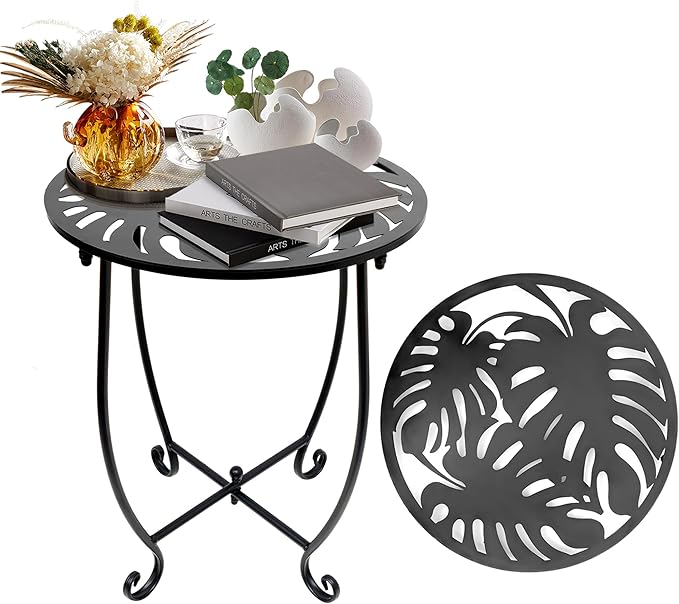 Outdoor Side Table for Small Spaces, Versatile 14 Inch Round Metal End Table for Patio Balcony Yard Porch Garden Bedside - Photo 1