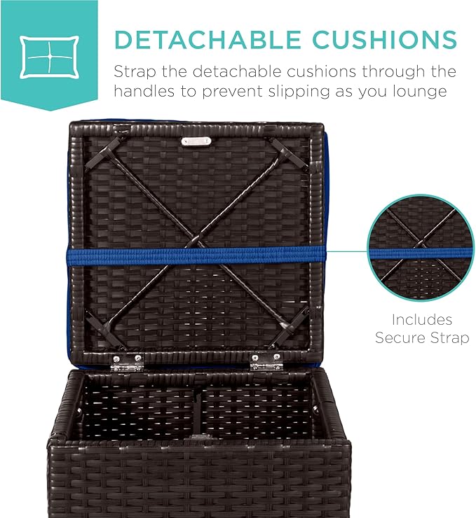 Best Choice Products Set of 2 Wicker Ottomans, Multipurpose Outdoor Furniture for Patio, Backyard, Additional Seating, Footrest, Side Table w/Storage, Removable Cushions - Navy/Brown