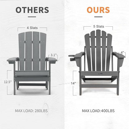 FUNBERRY Folding Adirondack Chairs Set of 2, All Weather HDPE Wood Texture Fire Pit Chairs with Cup Holder for Outdoor