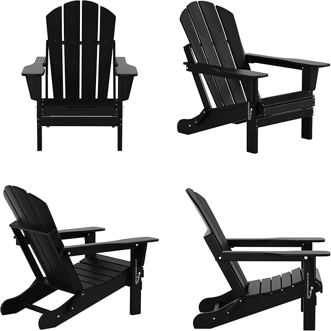 WestinTrends Malibu Outdoor Lounge Chairs, 3-Pieces Adirondack Chair Set with Ottoman and Side Table, All Weather Poly Lumber Patio Lawn Folding Chair for Outside Pool Garden Backyard, Black