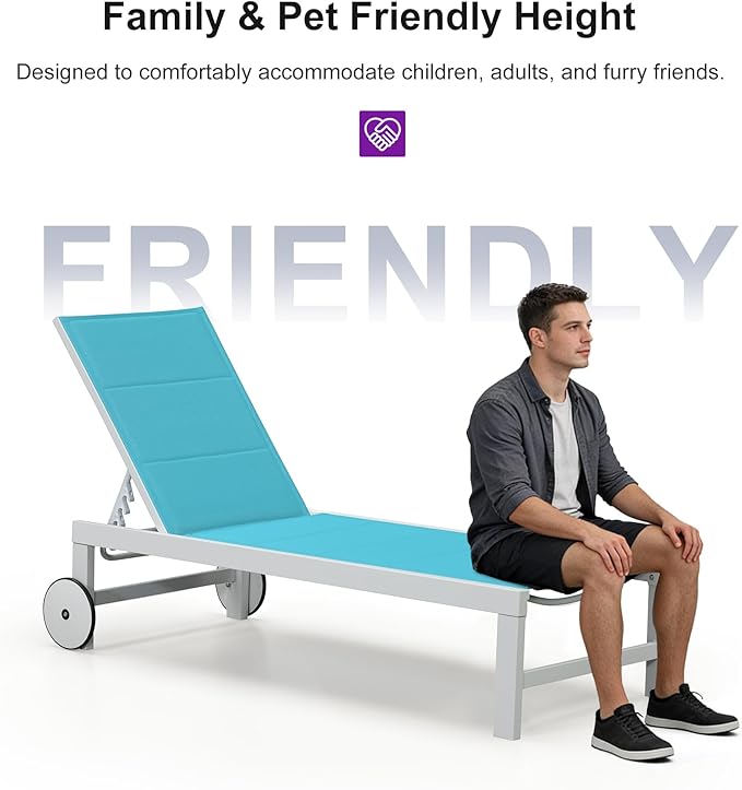 PURPLE LEAF Outdoor Chaise Lounge Set Elderly-Friendly Straight Legs Adjustable Sunbathing Recliner with Side Table for Back Support Poolside Beach Patio Lounge Chairs Blue