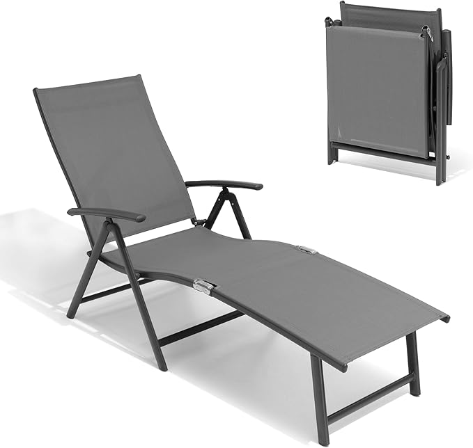 Crestlive Products Folding Patio Chaise Lounge Chair Outdoor, Aluminum Adjustable Outdoor Pool Recliner Chair, Assemble-Free, 8 Positions