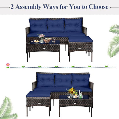 Tangkula 3 Pieces Patio Conversation Set, All Weather Outdoor PE Rattan Wicker Furniture Set with Padded Cushions, Tempered Glass Coffee Table, for Poolside, Backyard, Garden (Navy)