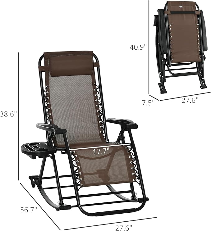 Outsunny Outdoor Rocking Chairs, Foldable Reclining Zero Gravity Lounge Rocker with Pillow, Cup & Phone Holder, Combo Design with Folding Legs, Brown