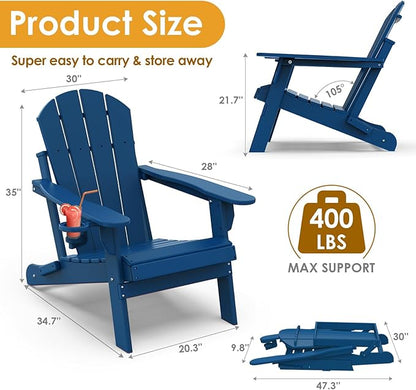 IVY&LANE Folding-Adirondack-Chairs-Set-of-2 | HDPE Plastic | Outdoor Fire Pit Chair with Cup Holder | Blue | Poly | Weather Resistant | for Patio Deck Poolside Garden Beach