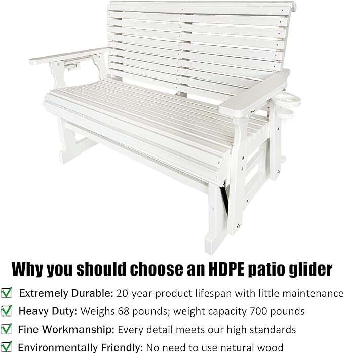HDPE Patio Glider, Poly Lumber Weather-Resistant Outdoor Glider Bench, for Patio, Porch, Yard (Ivory White, 2-Seater)