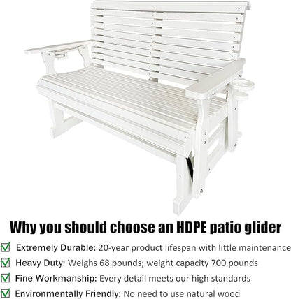 HDPE Patio Glider, Poly Lumber Weather-Resistant Outdoor Glider Bench, for Patio, Porch, Yard (Ivory White, 2-Seater)