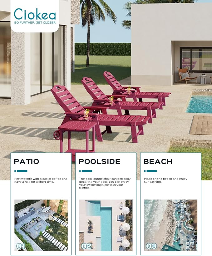 Chaise Lounge Chair Outdoor with Wheels, Adjustable 5-Position Chaise Lounge Outdoor with Wood Texture, Patio Lounge Chair for Poolside Backyard, Red