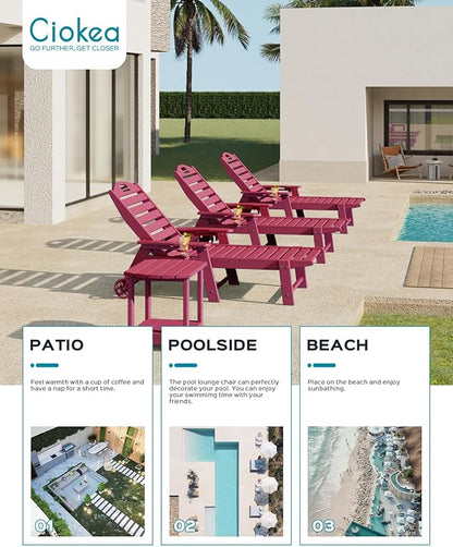 Chaise Lounge Chair Outdoor with Wheels, Adjustable 5-Position Chaise Lounge Outdoor with Wood Texture, Patio Lounge Chair for Poolside Backyard, Red