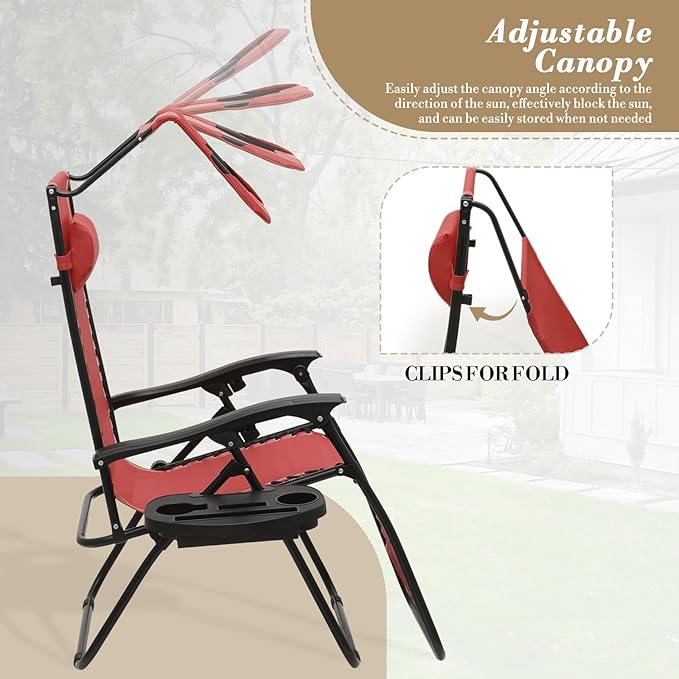 Athena Collection Patio Chairs Set of 2 Reclining Lounge Chair with Cup Holder and Pillow Fabric Camping Chairs with Canopy Foldable Beach Chairs for Garden, Park, Deck, Yard, Poolside, Maroon