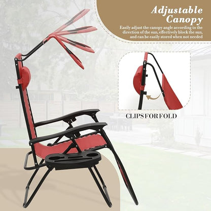 Athena Collection Patio Chairs Set of 2 Reclining Lounge Chair with Cup Holder and Pillow Fabric Camping Chairs with Canopy Foldable Beach Chairs for Garden, Park, Deck, Yard, Poolside, Maroon