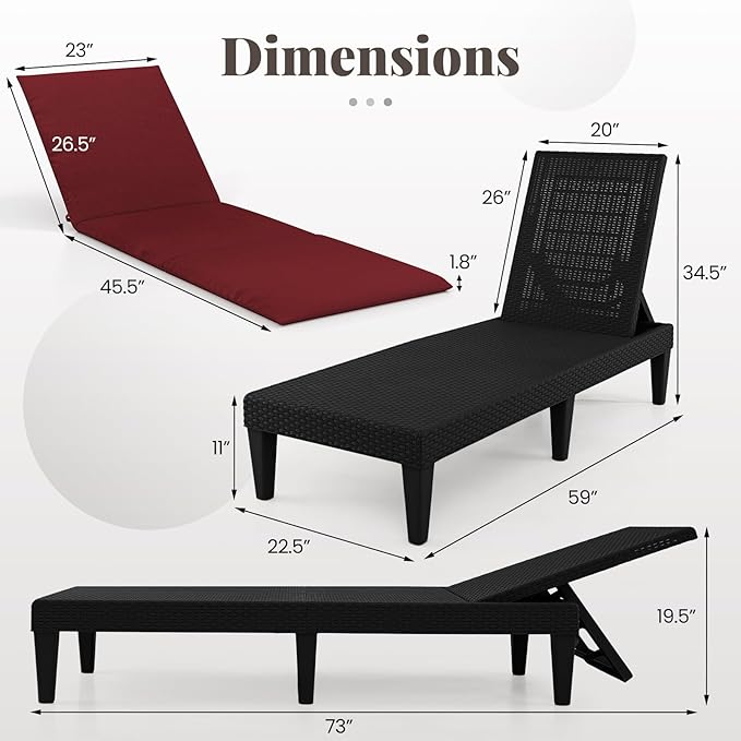 HAPPYGRILL Outdoor Chaise Lounge Chair Rattan Recliner Lounger with Removable Cushion & 3-Level Adjustable Backrest - Photo 3