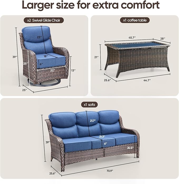 Swivel Patio Chairs sofa Set of 4 with 6" Thick Cushion - Wicker Outdoor Swivel Rocker Patio Chair ,Sofa/Glass coffee - Photo 4