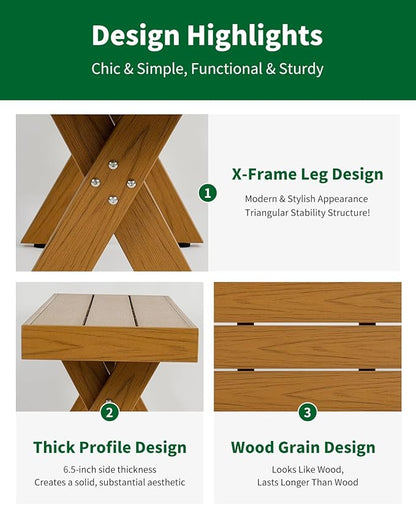 44.5" HIPS Outdoor Bench, X-Shaped Modern Backless Garden Bench, All Weather Patio Bench with Wood Grain Texture, Easy Assembly for Garden, Porch, Backyard & Park-Wood-Grain Teak
