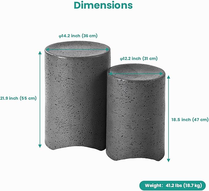 SUNBURY Concrete Side Table Set of 2, Outdoor Side Table Nesting for Patio, Outdoor Accent End Patio in Spotted, Ceramic Garden Stool for Yard, Pool, Round, Dark Grey