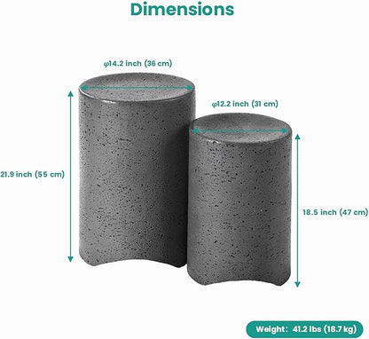 SUNBURY Concrete Side Table Set of 2, Outdoor Side Table Nesting for Patio, Outdoor Accent End Patio in Spotted, Ceramic Garden Stool for Yard, Pool, Round, Dark Grey