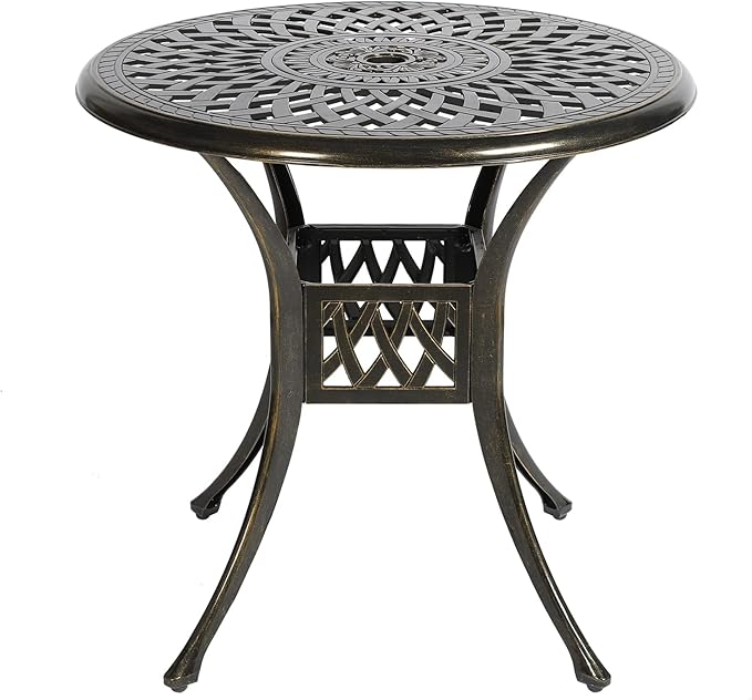 VIVIJASON 31" Patio Bistro Table Outdoor Dining Round Table Bronze Cast Aluminum Table with Umbrella Hole