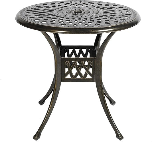 VIVIJASON 31" Patio Bistro Table Outdoor Dining Round Table Bronze Cast Aluminum Table with Umbrella Hole