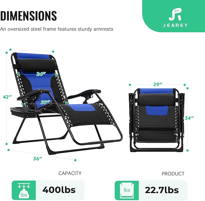 JEAREY Oversized Padded Zero Gravity Chairs, Folding Lounge Chair Outdoor Patio Recliner, Anti Gravity Chair for Backyard with Headrest, Cup Holder, Side Tray, Polyester Mesh - Black/Blue