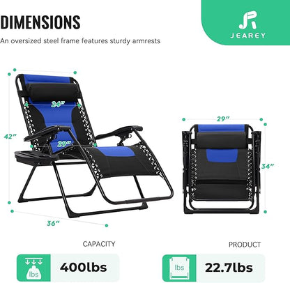 JEAREY Oversized Padded Zero Gravity Chairs Set of 2, Folding Lounge Chair Outdoor Patio Recliner, Anti Gravity Chair for Backyard with Headrest, Cup Holder, Side Tray, Polyester Mesh - Black/Blue