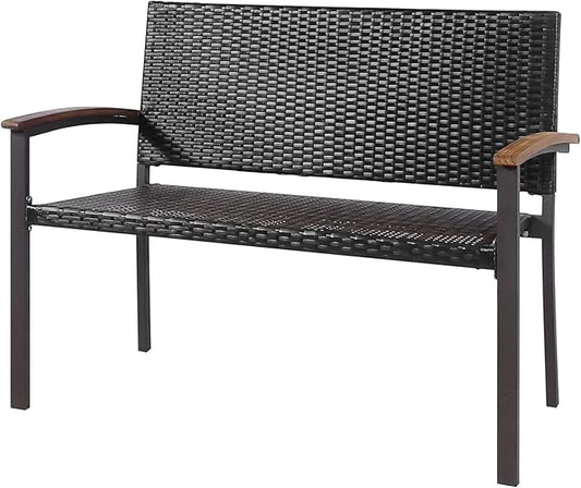 Tangkula Outdoor Stackable Bench, All-Weather PE Wicker Loveseat with Acacia Wood Armrests, 2-Person Heavy Duty Metal Frame Patio Bench, for Garden, Front Porch, Courtyard