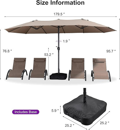 PURPLE LEAF Patio Oversized Chaise Lounge with 15FT Umbrella Outdoor Lounge Chair Beach Pool Sunbathing Lawn Lounger, Base and Side Table Included, Taupe