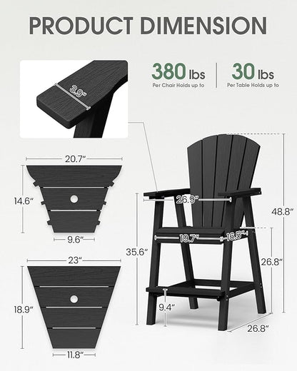 Tall Adirondack Chairs Set of 4, HDPE High Adirondack Chairs with Double Removable Trays, All Weather Outdoor Barstools for Patio, Balcony, Backyard, Deck and Garden, Black