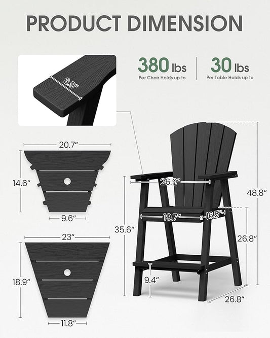 Tall Adirondack Chairs Set of 2, HDPE High Adirondack Chairs with Double Removable Trays, All Weather Outdoor Barstools for Patio, Balcony, Backyard, Deck and Garden, Black