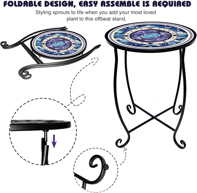 15 Inch Tall Outdoor Side Table, Metal Patio End Table with Twin Koi Fish Pattern, Rust Proof Black Small Garden Stool for Deck, Coastal Decor & Mermaid Table Gift
