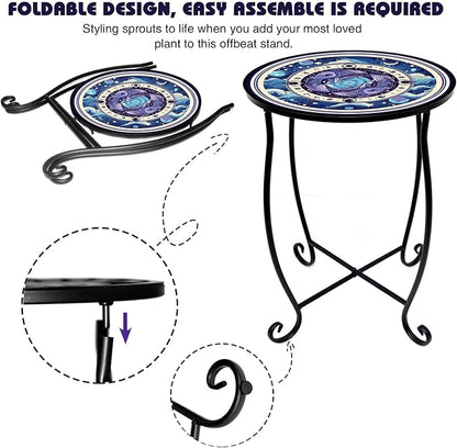 15 Inch Tall Outdoor Side Table, Metal Patio End Table with Twin Koi Fish Pattern, Rust Proof Black Small Garden Stool for Deck, Coastal Decor & Mermaid Table Gift