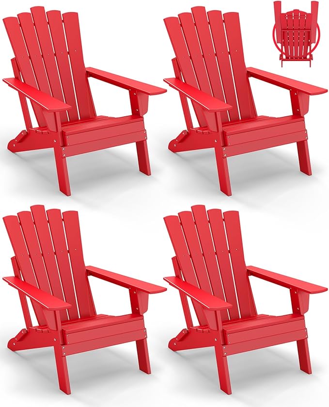 GREENVINES Folding-Adirondack-Chairs-Set-of-4 | HDPE Plastic | Throne Series | Fire Pit Chair | All Weather | for Outdoor Patio Deck Backyard Poolside | Red
