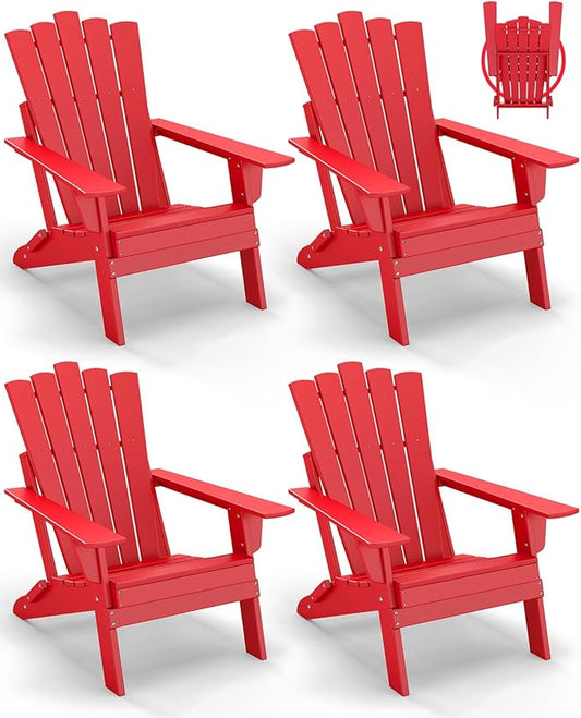 GREENVINES Folding-Adirondack-Chairs-Set-of-4 | HDPE Plastic | Throne Series | Fire Pit Chair | All Weather | for Outdoor Patio Deck Backyard Poolside | Red