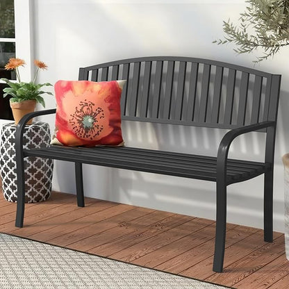 50" Outdoor Garden Bench, Iron Metal Frame Patio Bench with Backrest Armrests, Weatherproof Anti-Rust Outdoor Bench for Front Porch, Park, Yard, Patio (402-32BK)