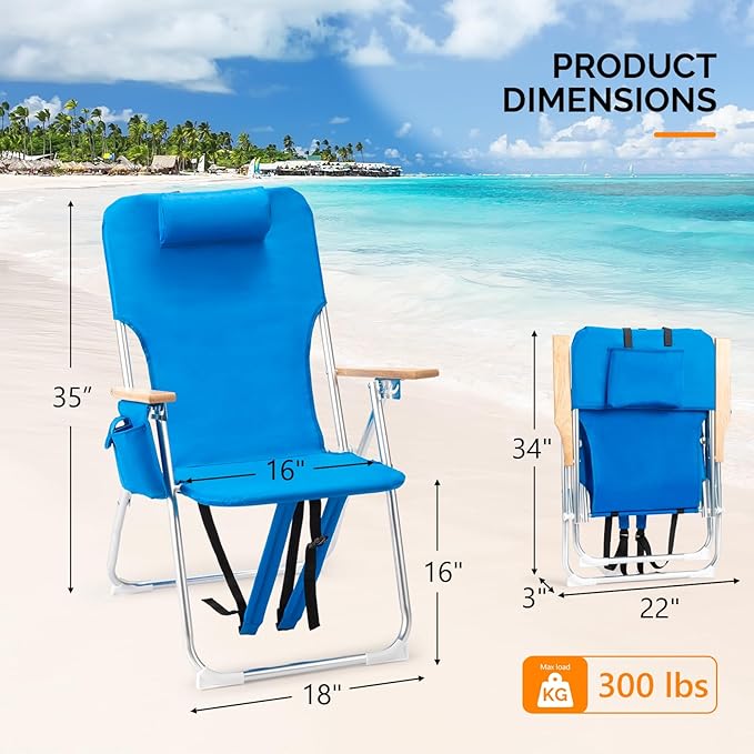 VINGLI 17" Tall Beach Chairs for Adults,Aluminum 4-Position Backpack Beach Chair with Wooden Armrests,Folding Lawn Chair for Outdoor, Camping, Patio
