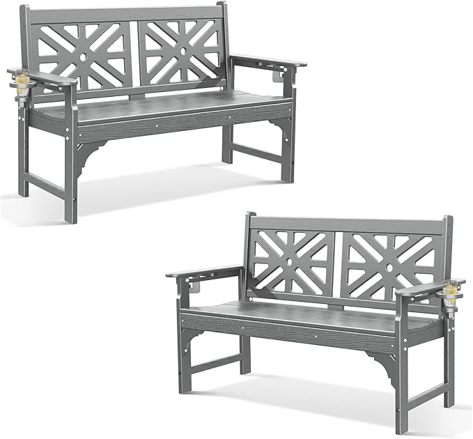 Oversized Outdoor Bench Set of 2, 51.5” HDPE Aesthetic Garden Bench with Cup Holders, Memorial Benches - Easy Assembly & All Weather, for Porch & Patio, 800lbs Load Capacity (Grey)