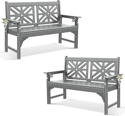 Oversized Outdoor Bench Set of 2, 51.5” HDPE Aesthetic Garden Bench with Cup Holders, Memorial Benches - Easy Assembly & All Weather, for Porch & Patio, 800lbs Load Capacity (Grey)