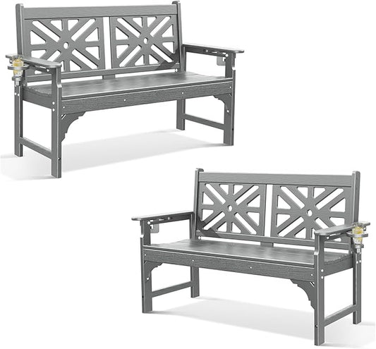 Oversized Outdoor Bench Set of 2, 51.5” HDPE Aesthetic Garden Bench with Cup Holders, Memorial Benches - Easy Assembly & All Weather, for Porch & Patio, 800lbs Load Capacity (Grey)