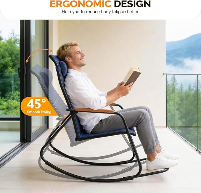VINGLI Outdoor Rocking Chair, 450lbs Capacity Portable Outdoor Rocker with Footrest, Hard Armrests, Pillow, All Weather Porch Rocker for Garden, Living Room, Patio, Lawn (Blue, with footrest)