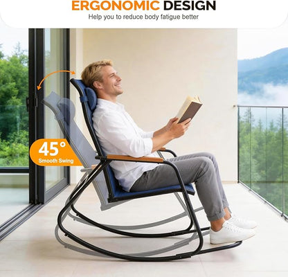 VINGLI Outdoor Rocking Chair, 450lbs Capacity Portable Outdoor Rocker with Footrest, Hard Armrests, Pillow, All Weather Porch Rocker for Garden, Living Room, Patio, Lawn (Blue, with footrest)