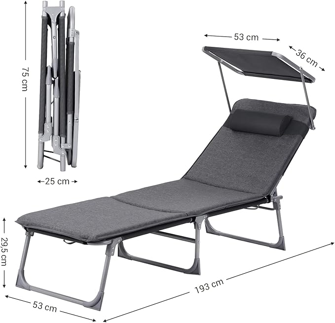 SONGMICS Sun Lounger, Patio Chaise Lounge Chair, Folding, with Canopy, Cushion, 76 x 20.9 x 11.4 Inches, Holds 330 lb, Headrest, Adjustable Backrest, Outdoor Garden Pool, Dark Gray UGCB19UMV1