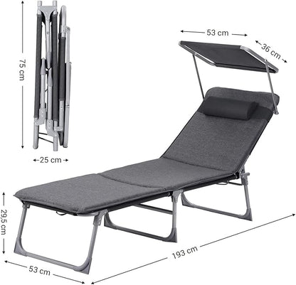 SONGMICS Sun Lounger, Patio Chaise Lounge Chair, Folding, with Canopy, Cushion, 76 x 20.9 x 11.4 Inches, Holds 330 lb, Headrest, Adjustable Backrest, Outdoor Garden Pool, Dark Gray UGCB19UMV1