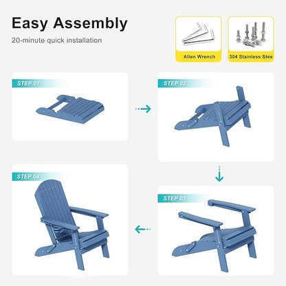 HDPE Foldable Adirondack Outdoor Chair with Cup Holder, Weather Resistant Heavy-Duty Patio Chair for Patio, Backyard, Deck, Fire Pit, Lawn and Porch, Light Blue