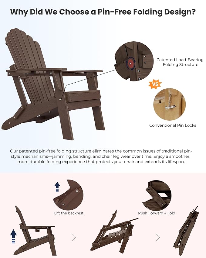 Oversized Adirondack Chair with Dual Cup Holders, Ergonomic High Back HDPE Fire Pit Chair, 380lbs Capacity All-Weather Outdoor Patio Lounge Chair for Garden, Deck, Yard - Coffee